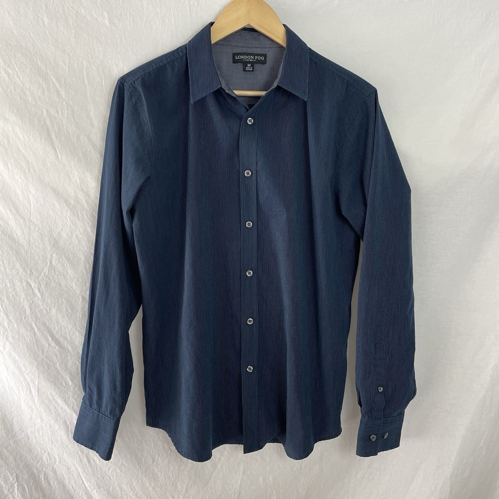 London Fog Shirt Mens Medium M Button Front Long Sleeve Blue Pinstripe